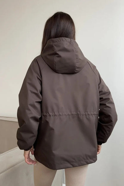 Waterproof Hooded Drawstring Loose Casual Outdoor Hiking Jacket