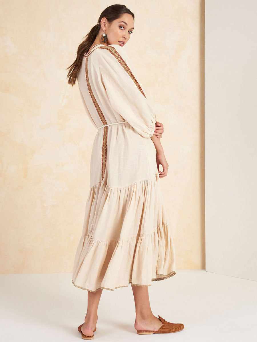 Boho Dress V-Neck 3/4 Length Sleeves Light Apricot Embroidered Bohemian Gypsy Beach Vacation Spring Summer Midi Dress For Women