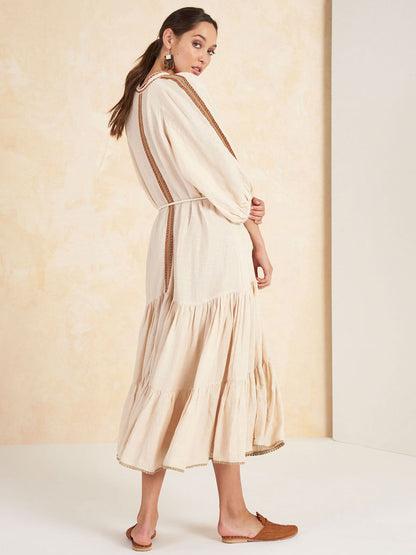 Boho Dress V-Neck 3/4 Length Sleeves Light Apricot Embroidered Bohemian Gypsy Beach Vacation Spring Summer Midi Dress For Women