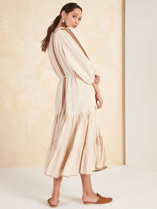 Boho Dress V-Neck 3/4 Length Sleeves Light Apricot Embroidered Bohemian Gypsy Beach Vacation Spring Summer Midi Dress For Women