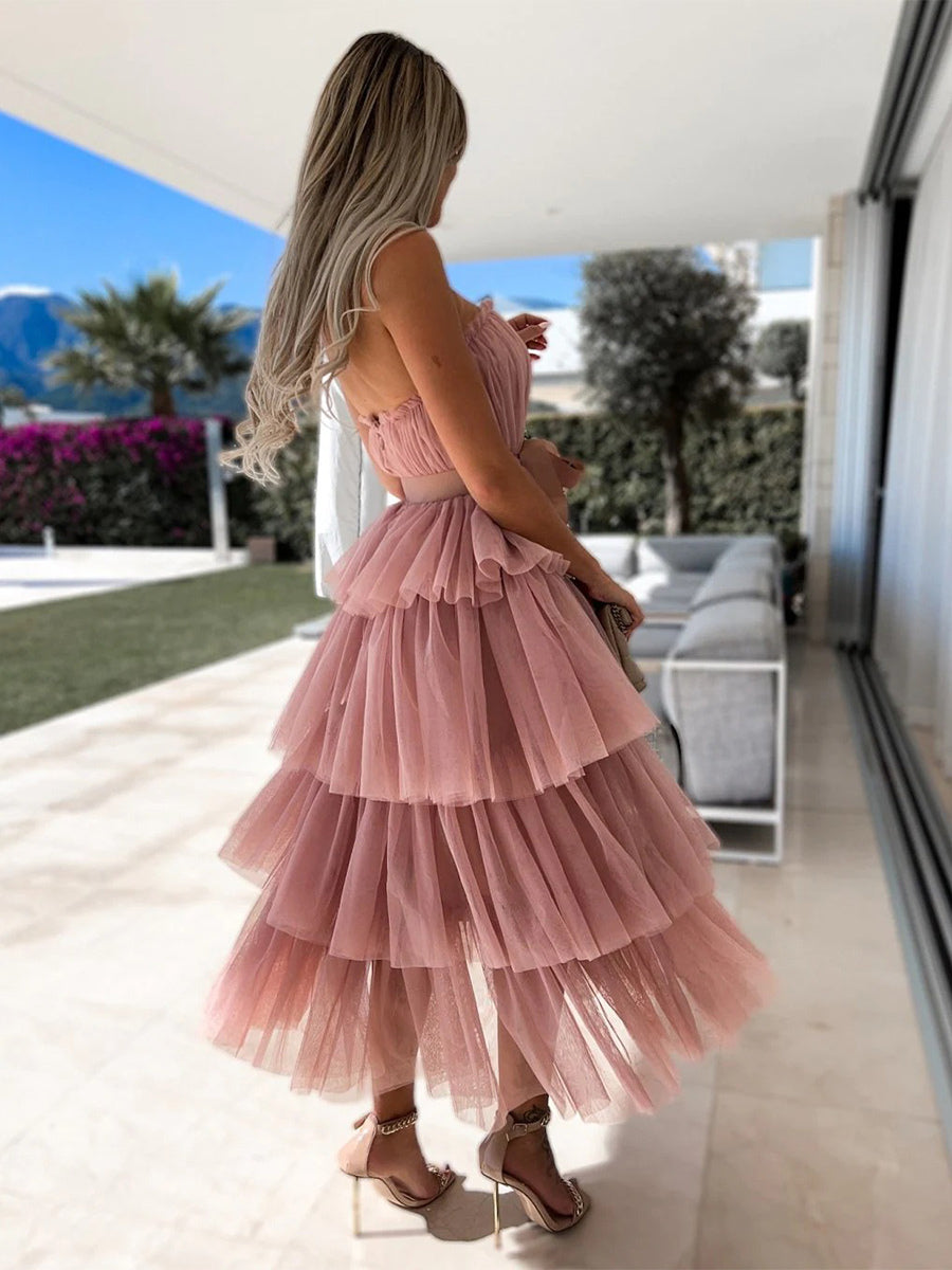 Tulle Ruffles Dress Off The Shoulder Layered Belted Party Maxi Dresses