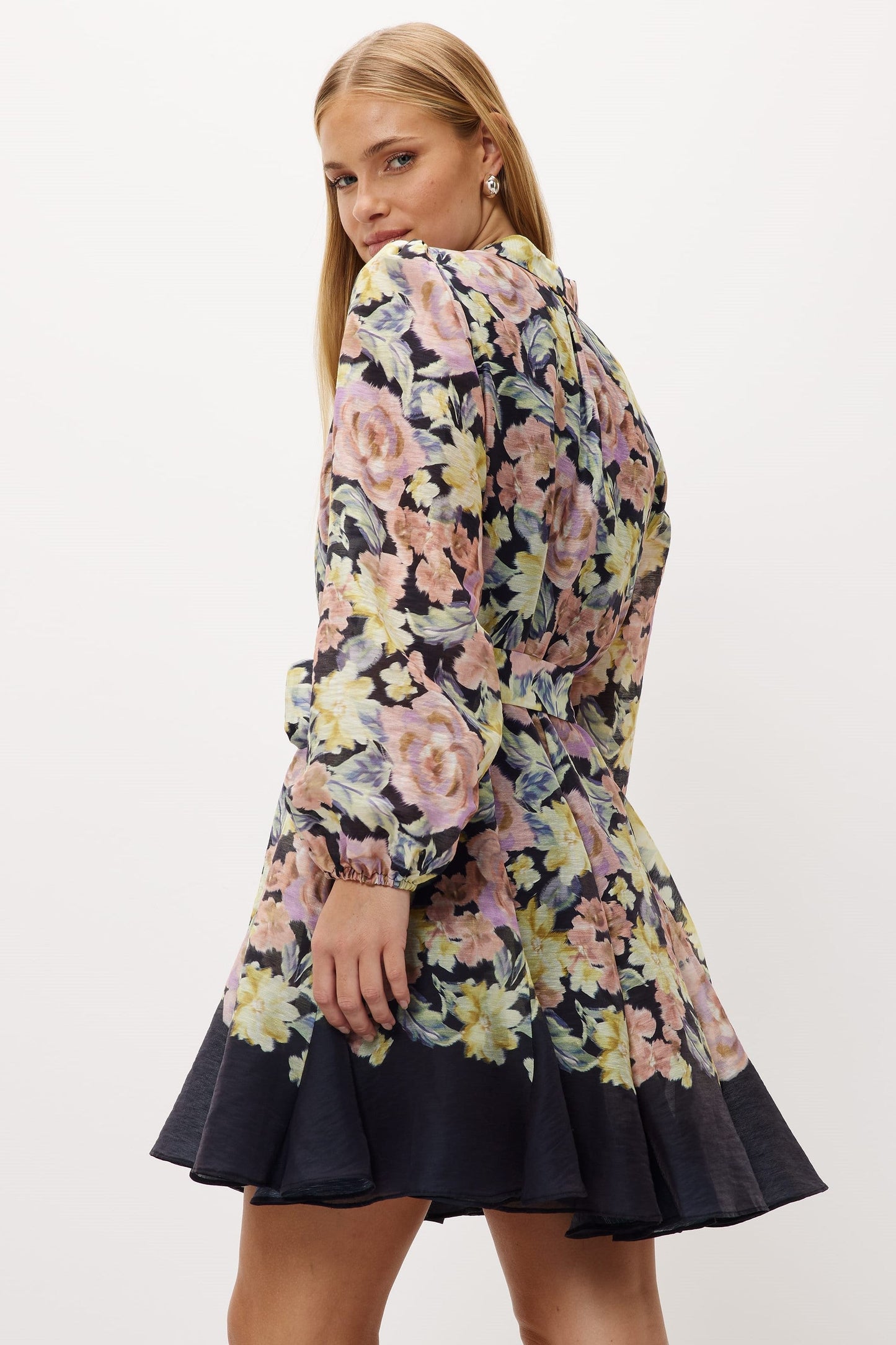 Floral Lantern Sleeve Mini Dress With Belt