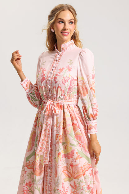 Floral Bottom Lantern Sleeve Midi Dress With Belt