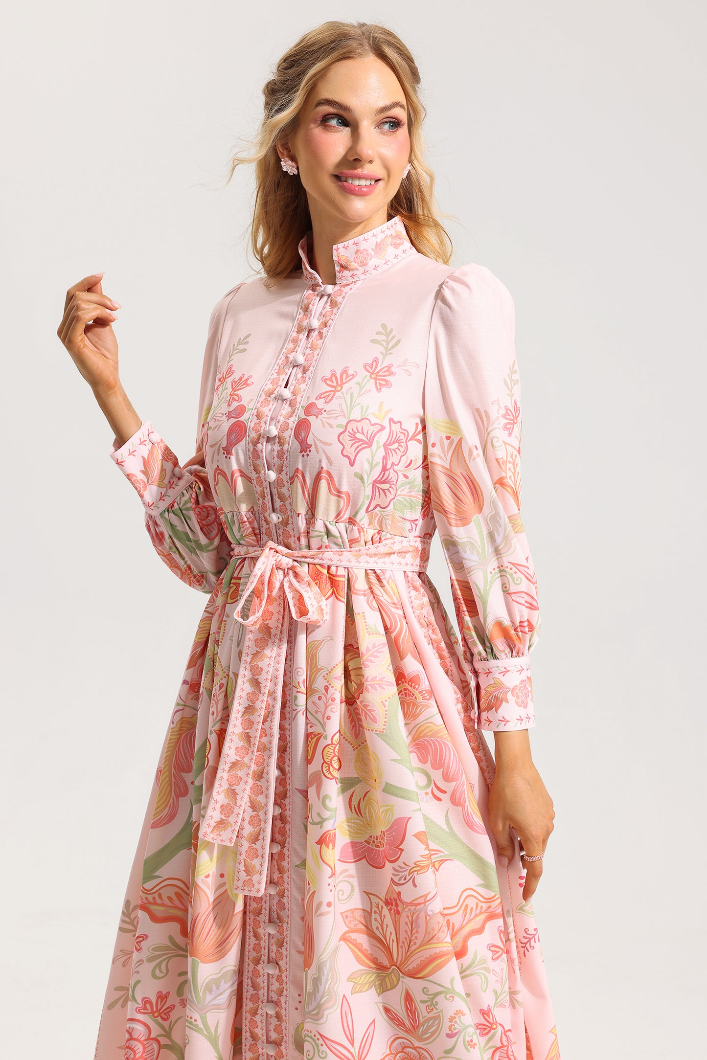 Floral Bottom Lantern Sleeve Midi Dress With Belt