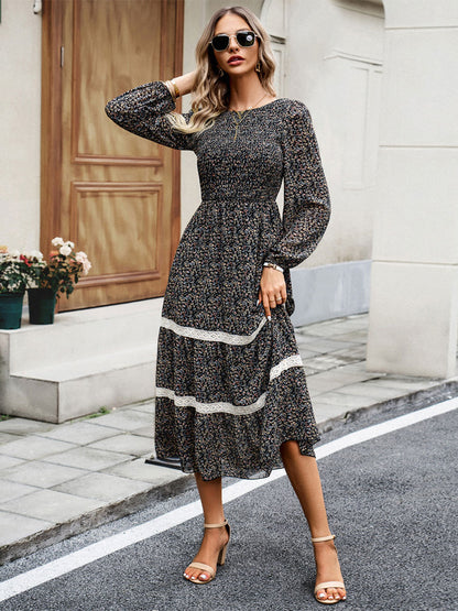 Floral Dress Layered Jewel Neck Long Sleeves Fall Midi Dress