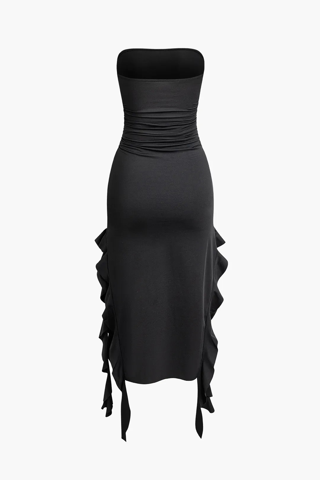 Bayley Solid Black Ruffle Hem Ruched Tube Maxi Dress