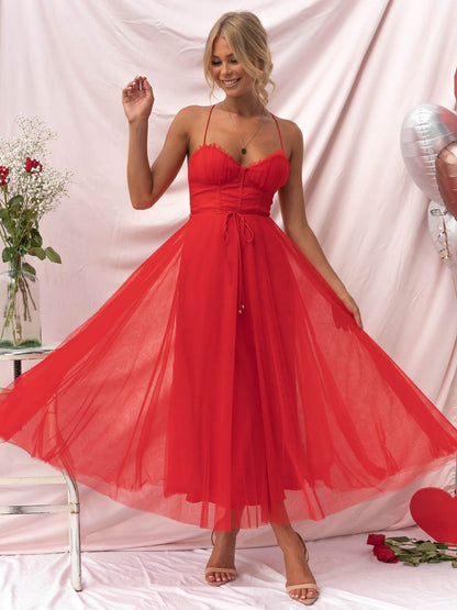 Corest Midi Dress Spaghetti Straps Shirred Lace-up Tulle Skirt Dresses