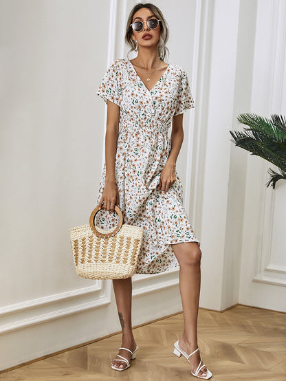 Fashion Casual Small Floral Short-sleeved Midi Dresses