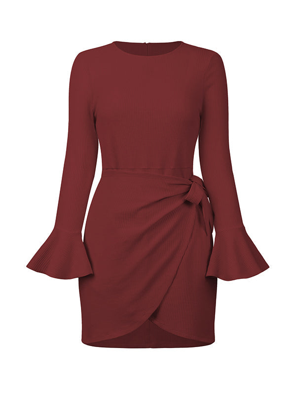 Simple Long Sleeves Skinny Tied Falbala Solid Color Round-Neck Mini Dresses