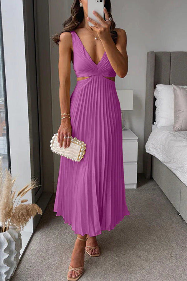 V Neck Cut Out Waist Sleeveless Pleated Maxi Dress