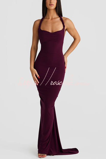 Sexy Halter Neck Open Back Pleated Slim Fit Maxi Dress