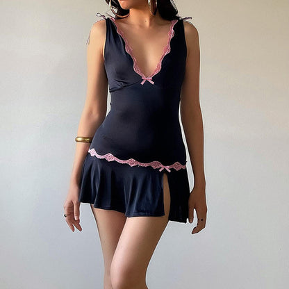 TARUXY Lace V-neck Mini Dress Hot Girls Bow Bandage Pleat Slit Sexy Plunge Sleeveless Slim Beach Dress Party Female Summer New