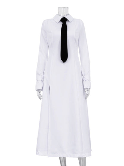 A-Line Flared Sleeves Buttoned Solid Color Split-Joint Split-Side Lapel Maxi Dresses Shirt Dress