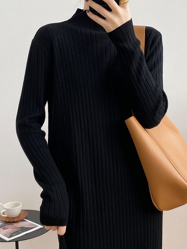 Long Sleeves Loose Fringed Solid Color Mock Neck Midi Dresses Sweater Dresses