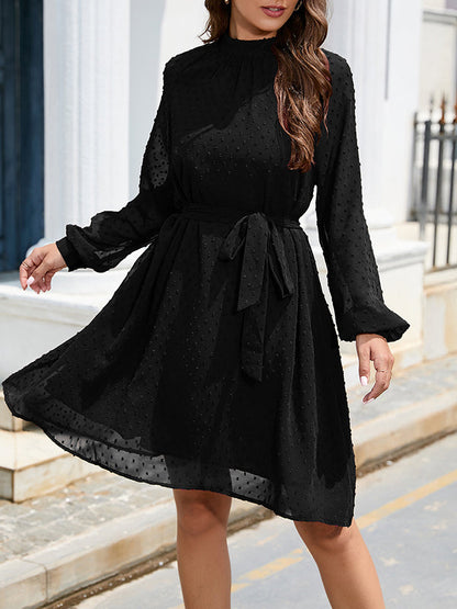Loose Belted Solid Color Split-Joint Round-neck Mini Dresses