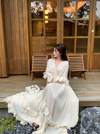 Tailande Linen Maxi Dress – V-Neck Ruffle Goddess Gown with 10-Meter Full Hem