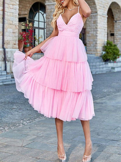 Fairylike Tulle Dress Layered V-Neck Halter Backless Sweet Midi Dresses