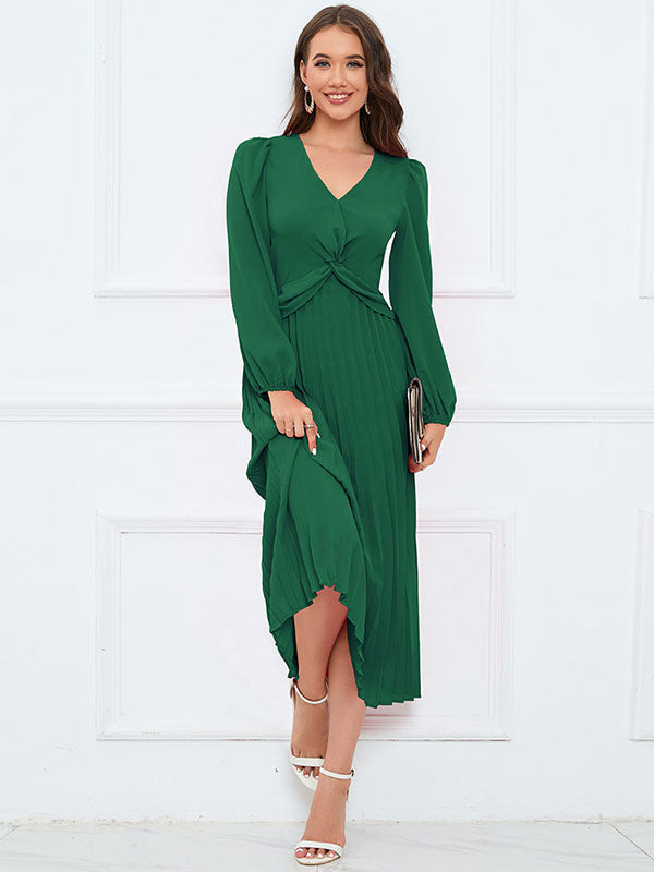 Midi Dress Pleated V-Neck Long Sleeves Casual Fall Dresses