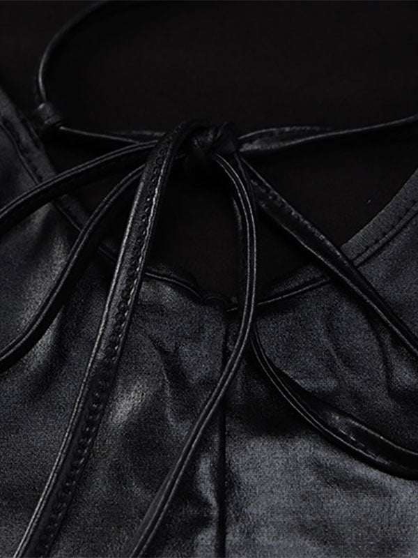 Birthday Open Shoulder PU Leather Sexy Straps Neck Sleeveless Midi Dress