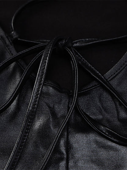 Birthday Open Shoulder PU Leather Sexy Straps Neck Sleeveless Midi Dress