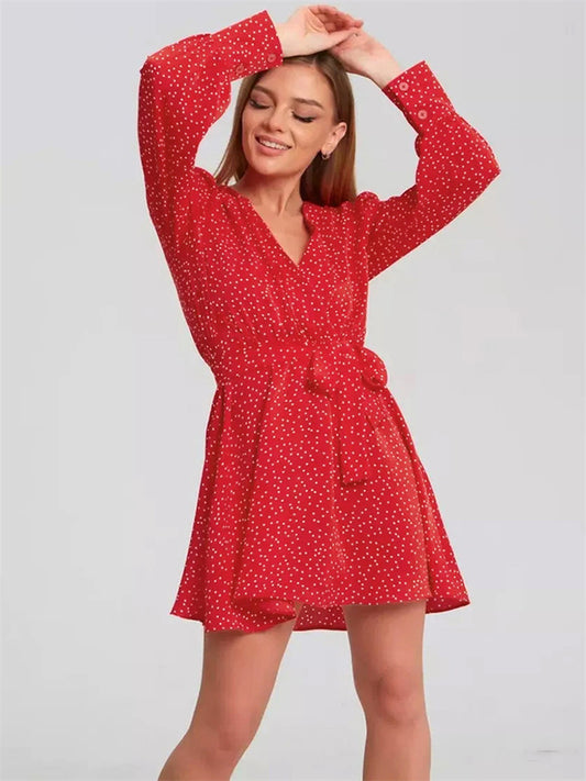 Tossy Lace-Up High Waist V-Neck Mini Dress For Women Fashion Slim Long Sleeve Elegant Bandage Dress Female Printed Dress Summer