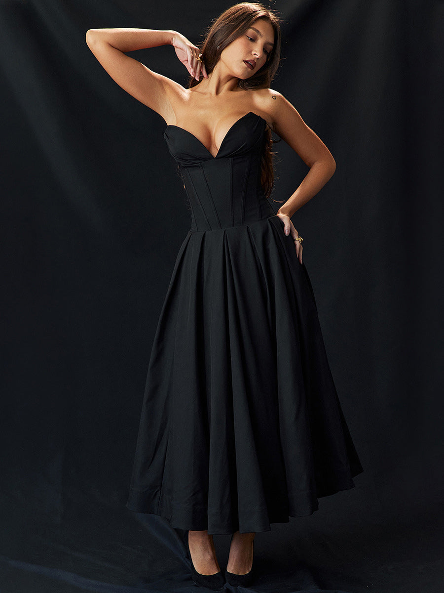 Princeess Line Dress Plunge Bodice Full Circle Skirt Prom Midi Dresses