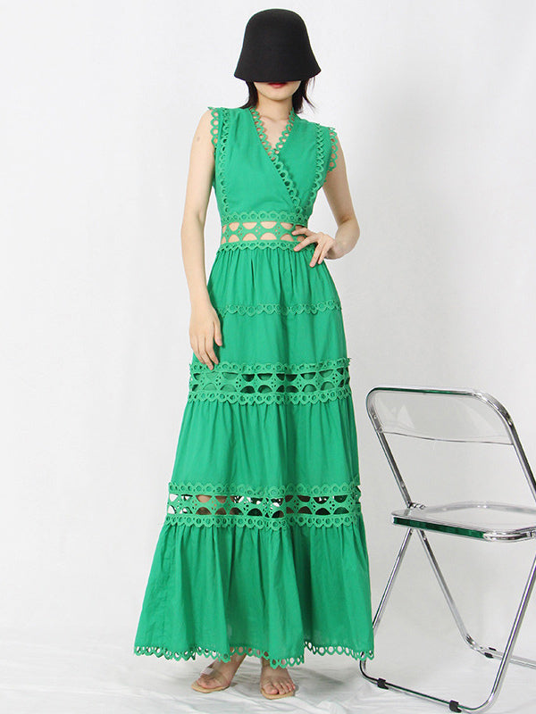 A-Line Dress Cutout Surplice Neck Sleeveless Summer Casual Midi Dresses