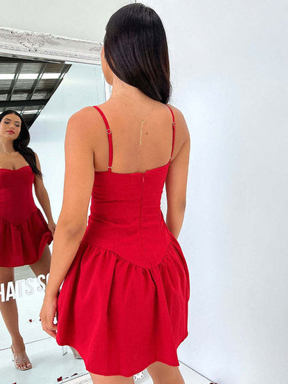 Summer Mini Dresses White Straps Neck Pleated Beach Dress