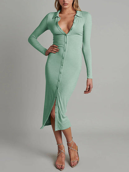 High Waisted Long Sleeves Buttoned Solid Color Lapel Midi Dresses