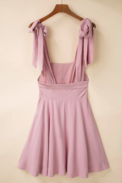 Pink Knotted Strap Square Neck High Waist Mini Dress