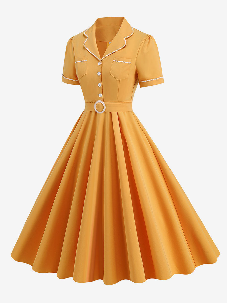 Dress Buttons Ring Detail Short Sleeves Retro Midi Dress