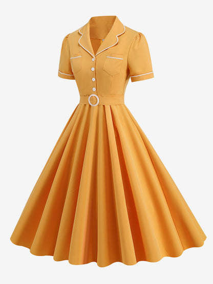 Dress Buttons Ring Detail Short Sleeves Retro Midi Dress