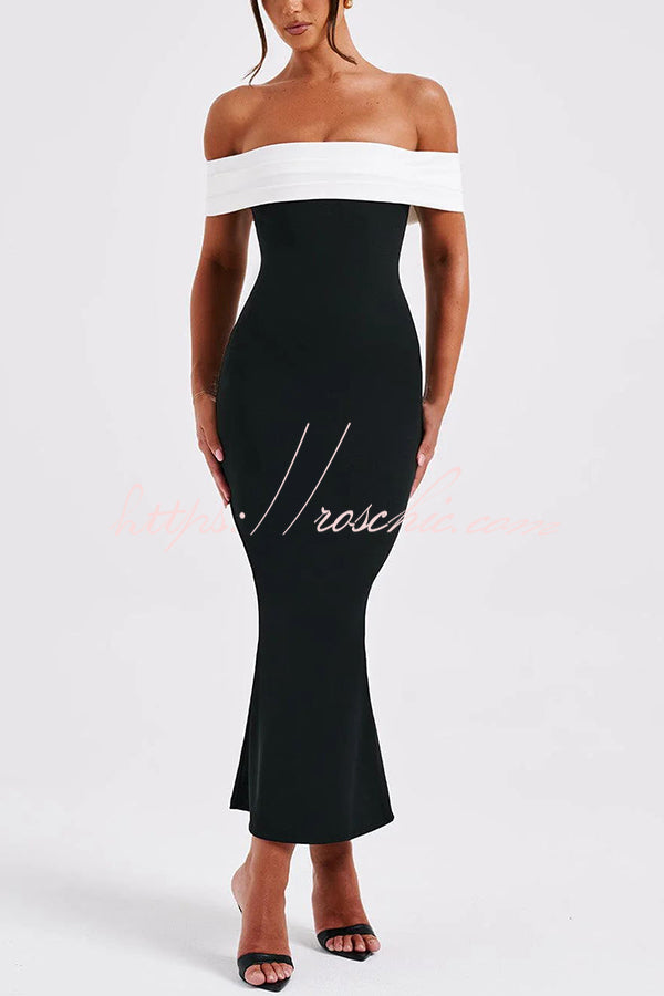Bex Colorblock Pleated Bardot Neck Strapless Formal Stretch Midi Dress