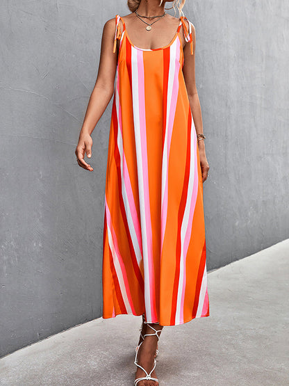 Loose Sleeveless Contrast Color Striped Tied U-Neck Midi Dresses Slip Dress