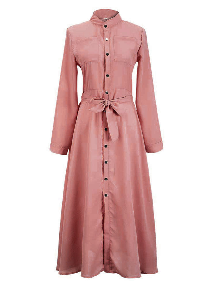 Women Maxi Dresses High Rise Stand Collar Buttons Long Sleeves Floor Length Shirt Dress
