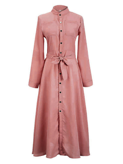 Women Maxi Dresses High Rise Stand Collar Buttons Long Sleeves Floor Length Shirt Dress