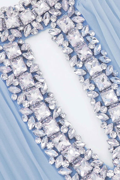 Pleat Feather Rhinestone Midi Dress Blue