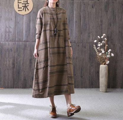100% chocolate striped clothes stand collar drawstring Maxi Dress