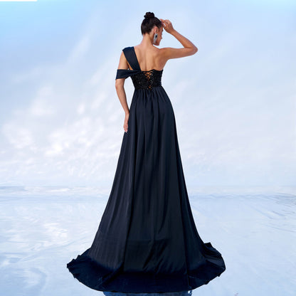 One-Shoulder Sequin Slit Maxi Dress – Elegant Party Dress