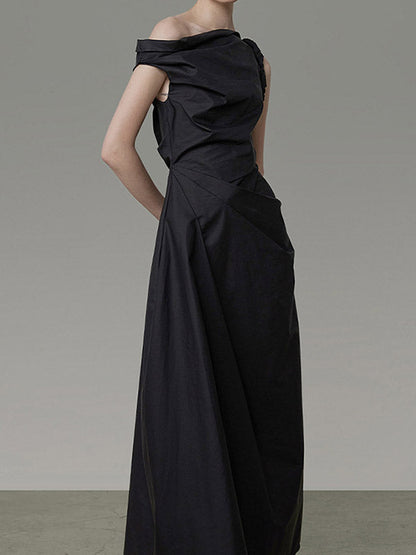 A-Line High Waisted Asymmetric Solid Color One-Shoulder Midi Dresses