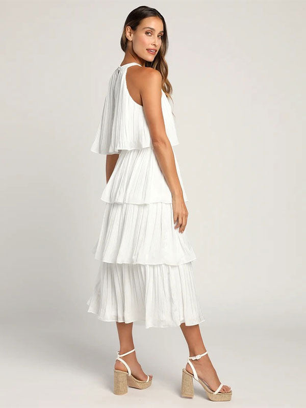 Layered Dress Halter Round Neck Sleeveless Graduation Party Midi Dresses