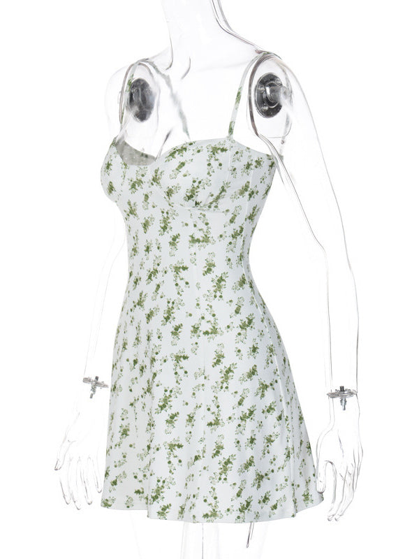 Floral Dress Mini Dresses Sleeveless Straps Neck Sexy Spring