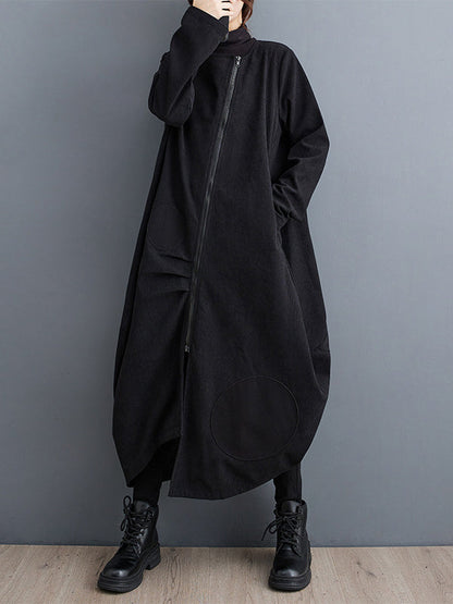 Long Sleeves Loose Asymmetric Pleated Polka-Dot Split-Joint Zipper High-neck Midi Dresses Outerwear