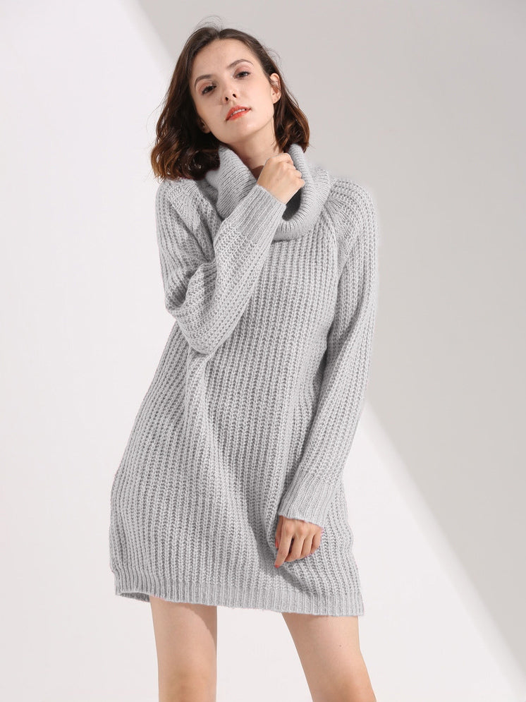 Slouchy Knitted Dress Turtleneck Long Sleeves Ribbed Cuff Mini Dresses