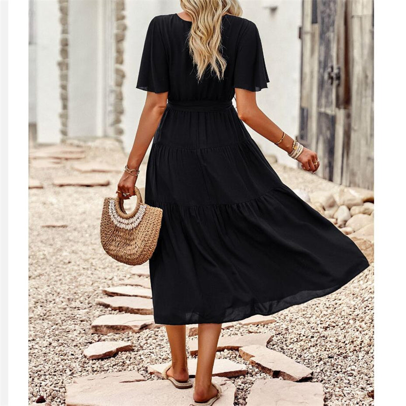 Solid Color High Waisted V-Neck Maxi Dress for All Occasions