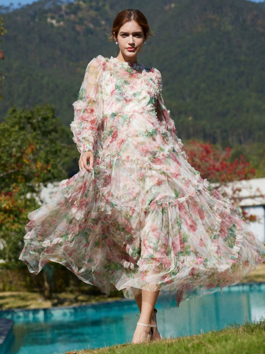Floral Dress Illusion Neck And Sleeves High Collar Teried Party Maxi Dresses