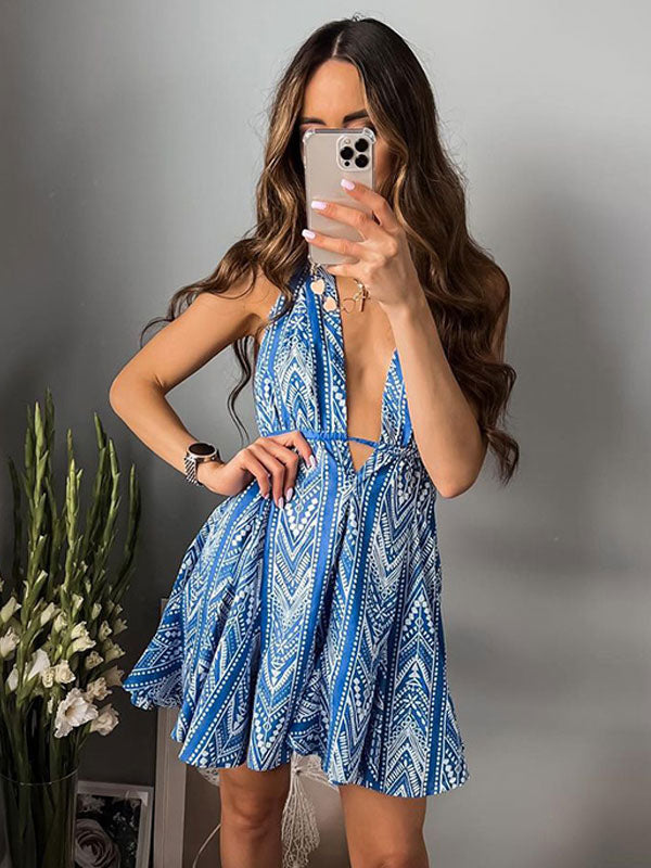 Summer Mini Dresses Blue V-Neck Lace Up Floral Print Beach Dress