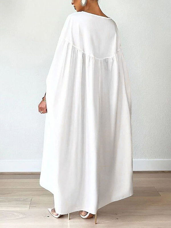 Batwing Sleeves Loose Pleated Solid Color Split-Joint Round-Neck Maxi Dresses