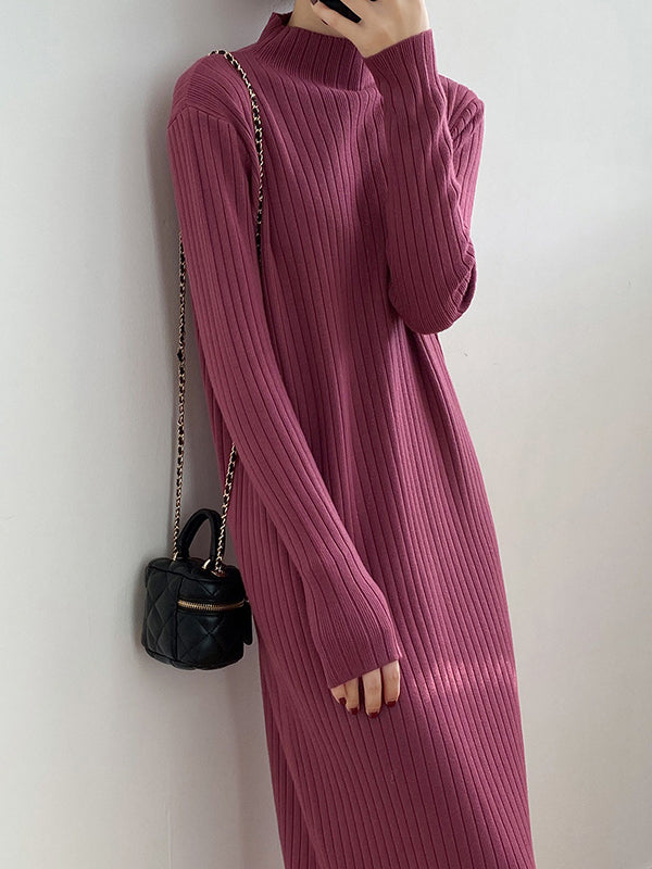 Long Sleeves Loose Fringed Solid Color Mock Neck Midi Dresses Sweater Dresses