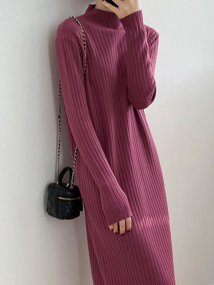 Long Sleeves Loose Fringed Solid Color Mock Neck Midi Dresses Sweater Dresses